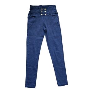 Helix High Waist Button Front Skinny Leggings Blue Denim Look Fleece Lined SorM